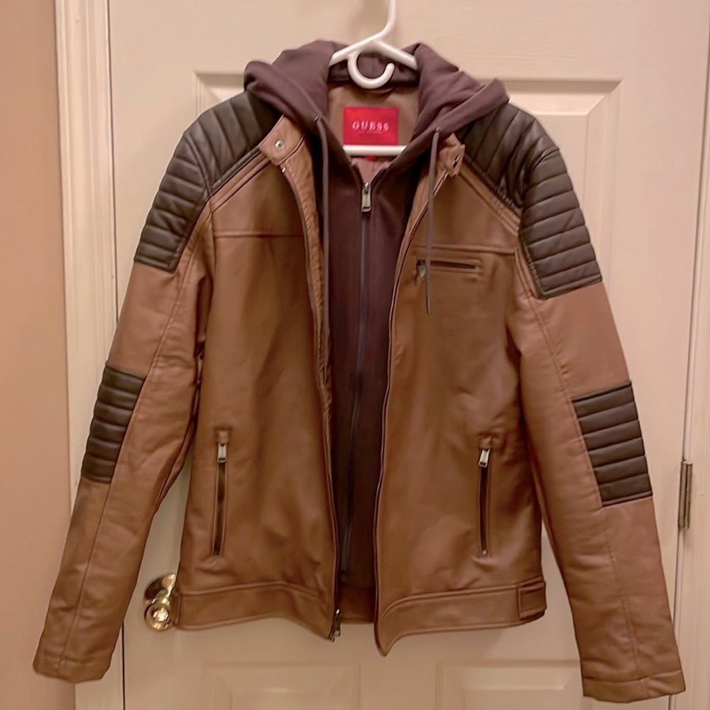 Guess men’s large faux brown leather jacket with zip out hood …